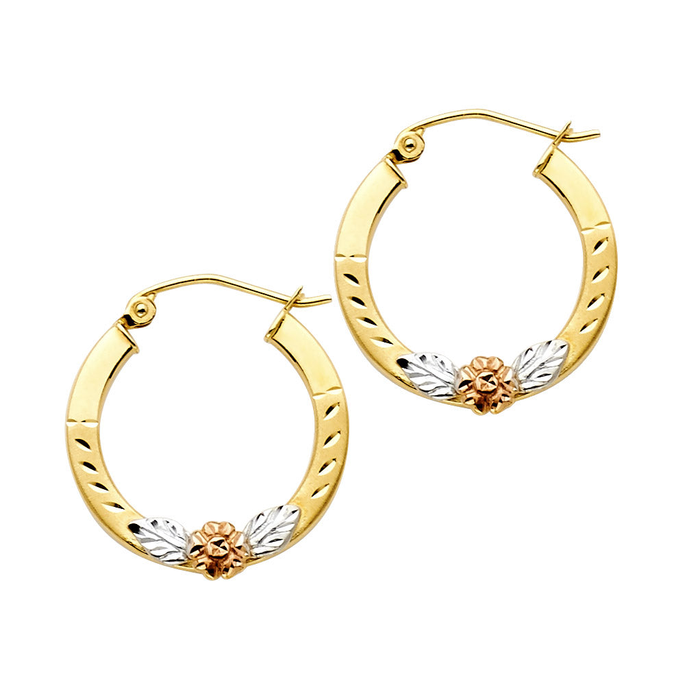 14K Tri-Color Gold Floral Design Hoop Earrings aprox 1" in diameter