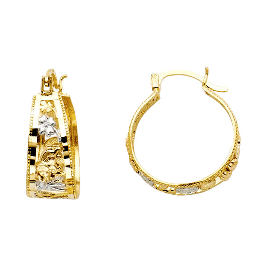 14K Tri-Color Gold Filigree Hoop Earrings with Good Luck Character Accents