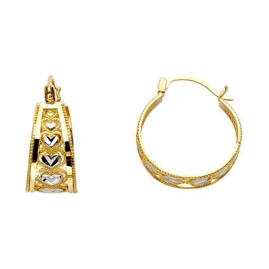 14K Yellow Gold Hoop Earrings with White Gold Heart Accents