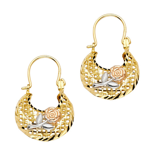 14K Tri-Color Gold Rose Hoop Earrings