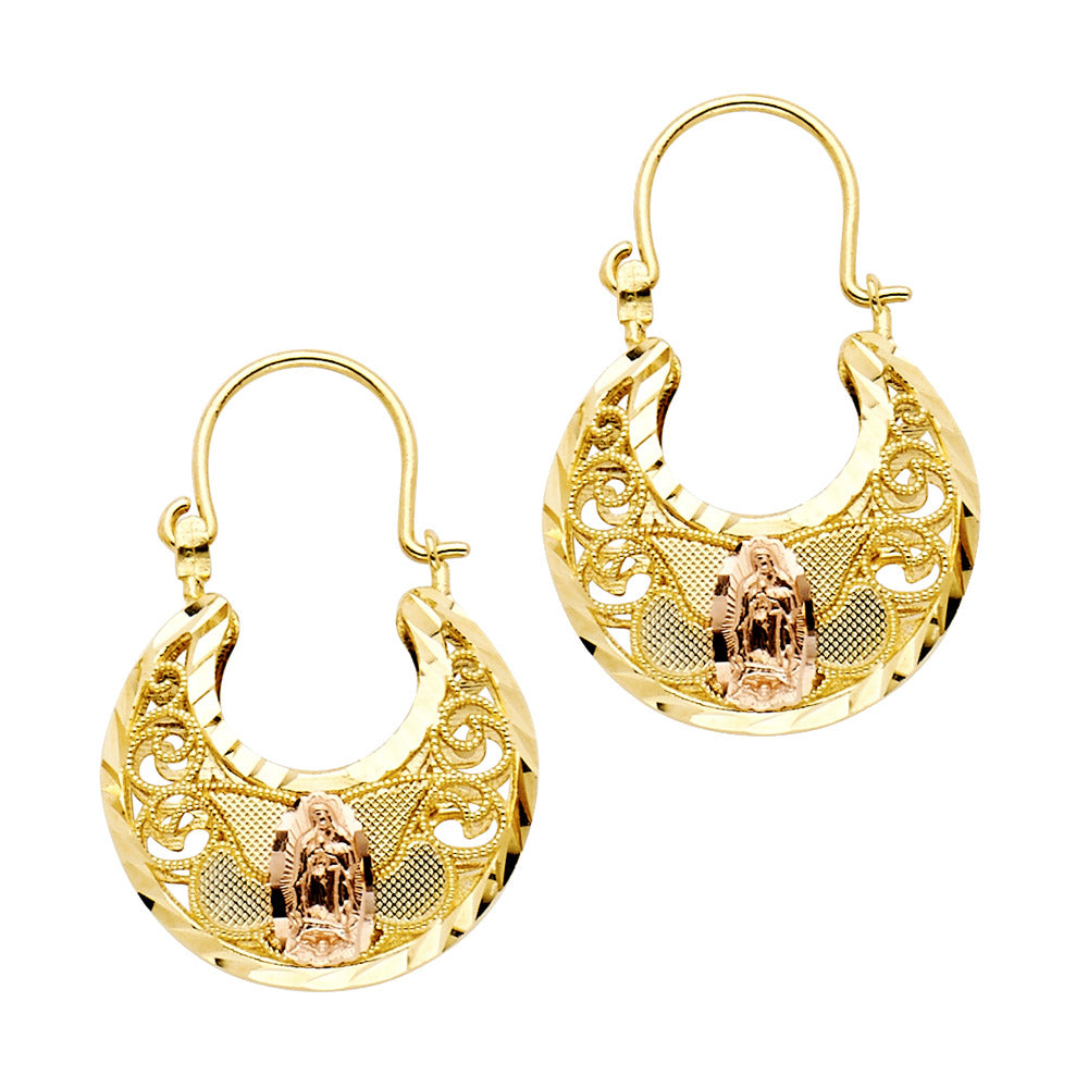 14K Tri-Color Gold Medium Virgin Guadalupe Filigree Basketweave Hoop Earrings
