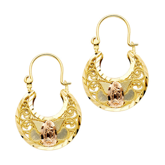 14K Tri-Color Gold Medium Virgin Guadalupe Filigree Basketweave Hoop Earrings