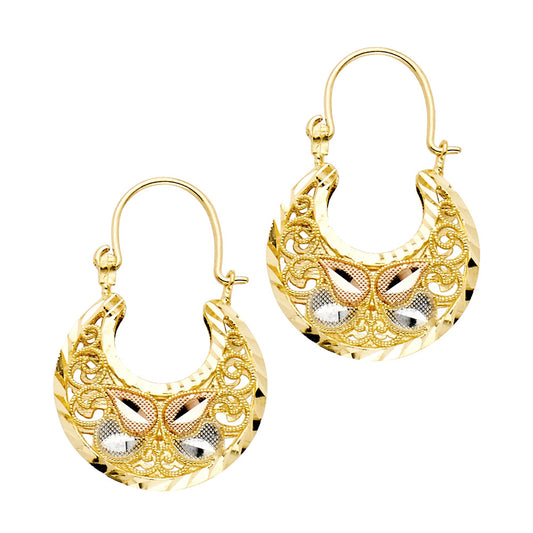 14K Tri-Color Gold Filigree Basketweave Hoop Earrings with Leaf Motif