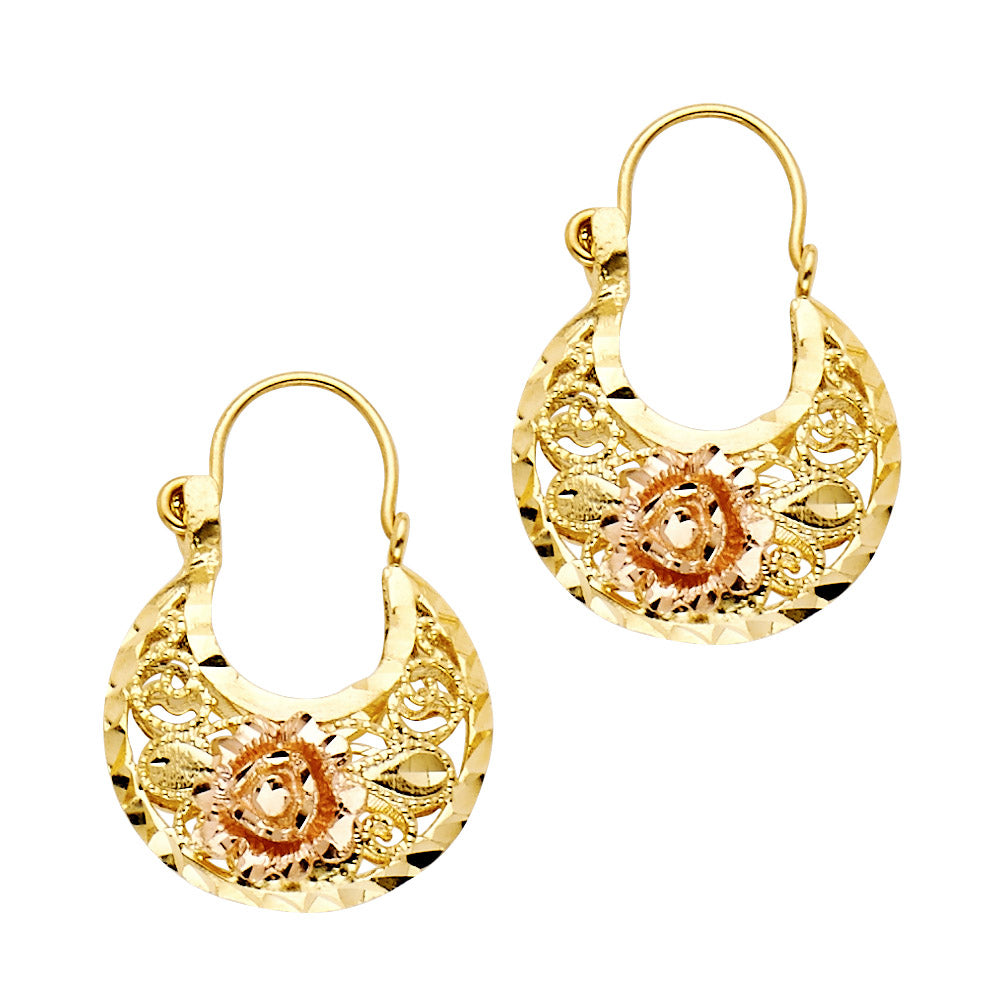 14K Tri-Color Gold Filigree Hoop Earrings with Rose Flower