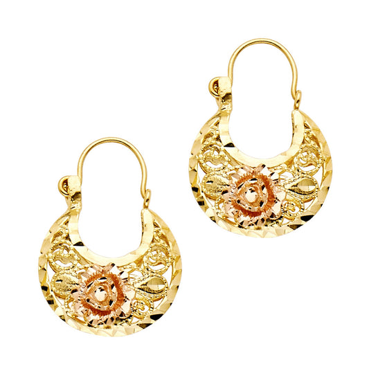 14K Tri-Color Gold Filigree Hoop Earrings with Rose Flower