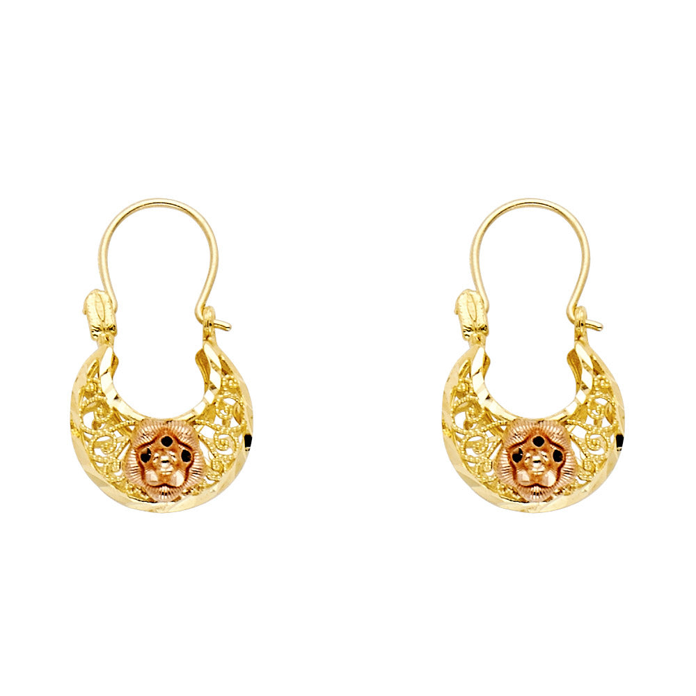 14K Tri-Color Gold Filigree Hoop Earrings with Lion Head