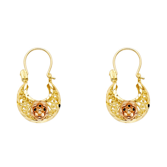 14K Tri-Color Gold Filigree Hoop Earrings with Lion Head