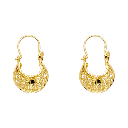 14K Yellow Gold Filigree Hoop Earrings with Diamond-Cut Center