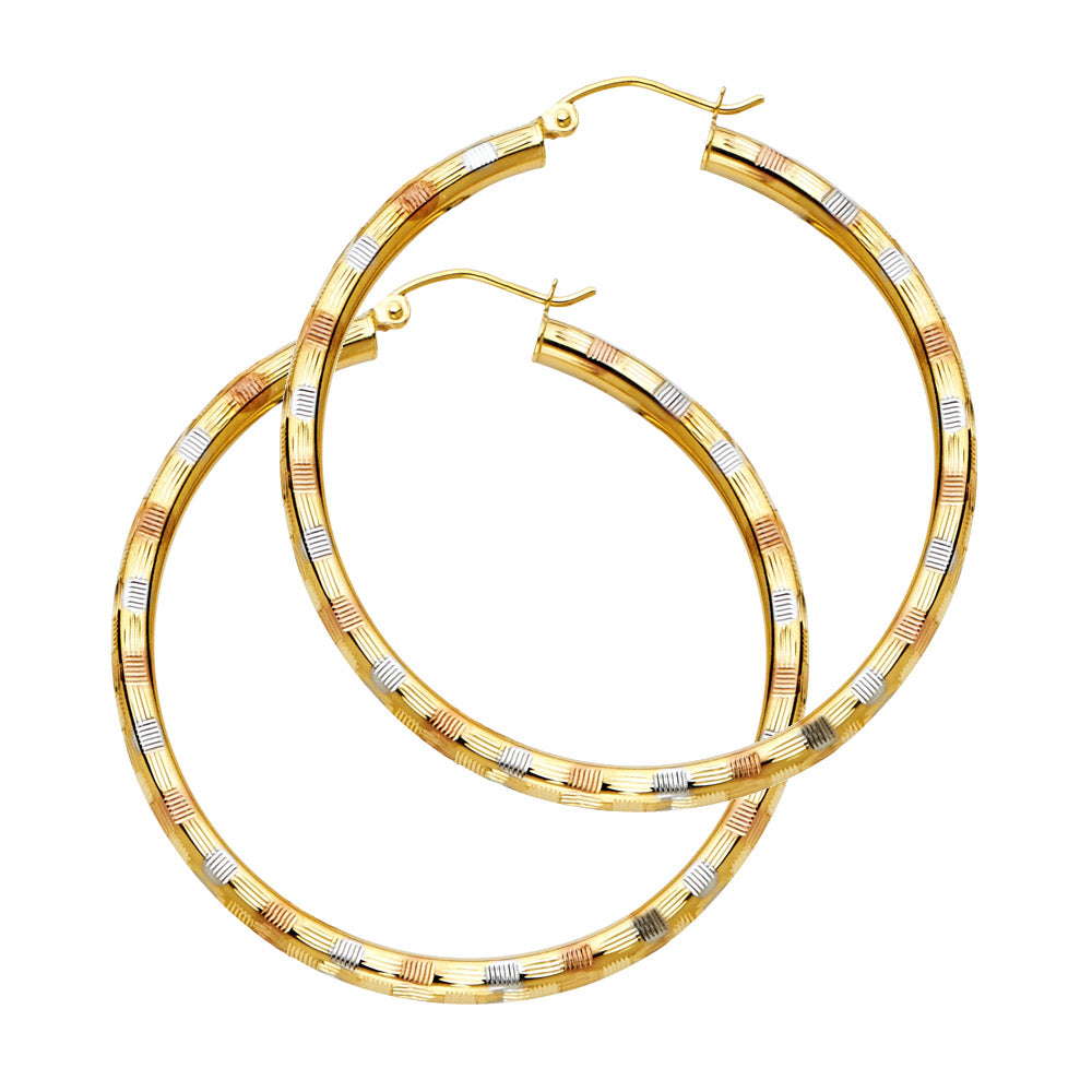 14K Tri-Color Gold Diamond-Cut Hoop Earrings 3mm thick aprox 1 3/4" in diameter