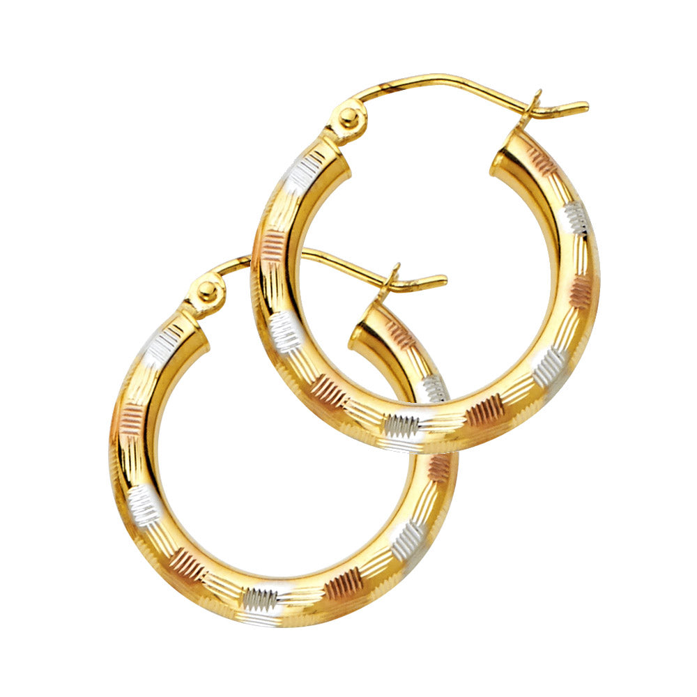 14K Tri-Color Gold Diamond-Cut Hoop Earrings 3mm thick aprox 3/4" in diameter