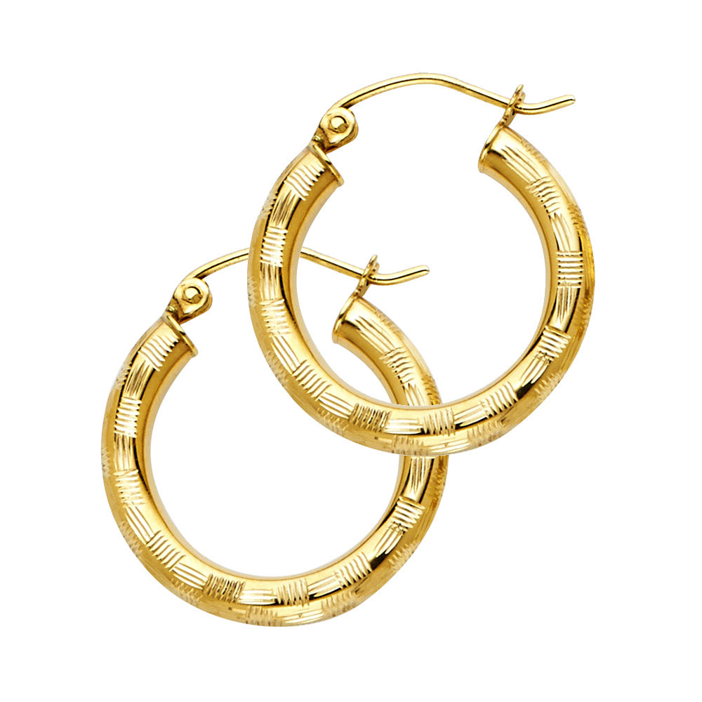 14K Yellow Gold Diamond-Cut Hoop Earrings 3mm thick aprox 3/4" in diameter