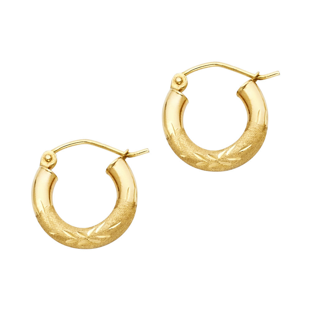 14K Yellow Gold Hollow Satin-Finish / Diamond Cut Hoop Earrings 3.0mm Thick Aprox 0.6" in Diameter