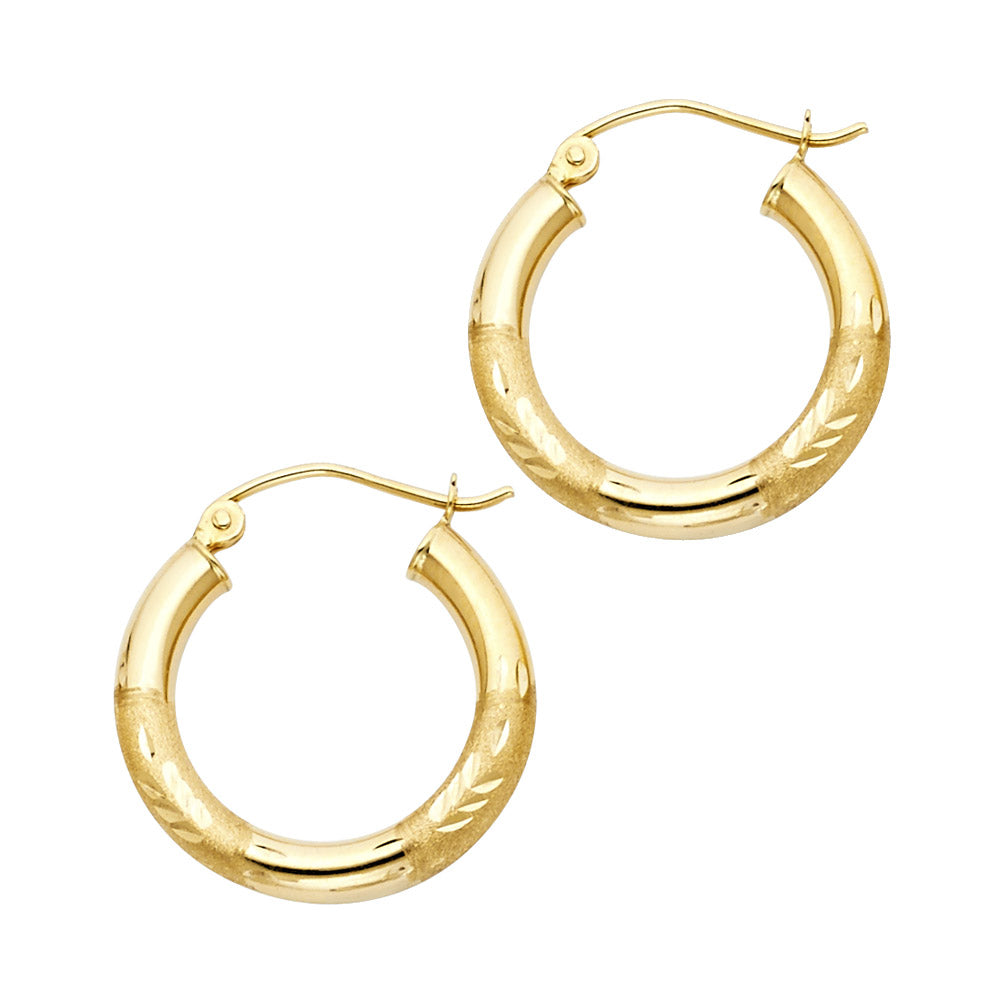 14K Yellow Gold Hollow Satin-Finish / Diamond Cut Hoop Earrings 3.0mm Thick Aprox 0.8" in Diameter