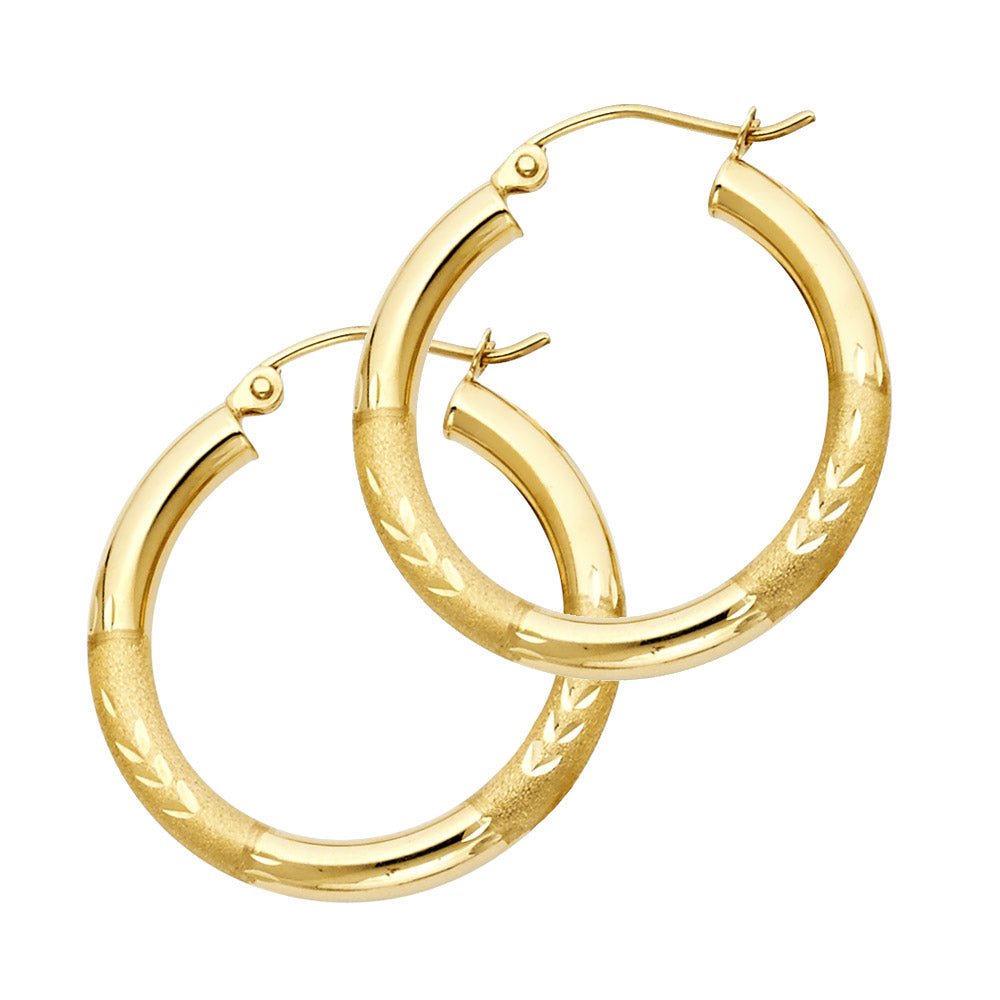 14K Yellow Gold Hollow Satin-Finish / Diamond Cut Hoop Earrings 3.0mm Thick Aprox 1.0" in Diameter