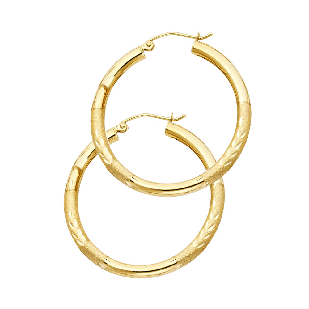 14K Yellow Gold Hollow Satin-Finish / Diamond Cut Hoop Earrings 3.0mm Thick Aprox 1.2" in Diameter