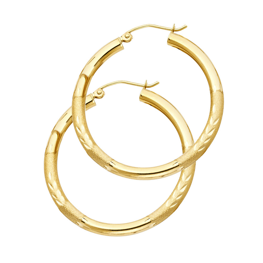 14K Yellow Gold Hollow Satin-Finish / Diamond Cut Hoop Earrings 3.0mm Thick Aprox 1.4" in Diameter