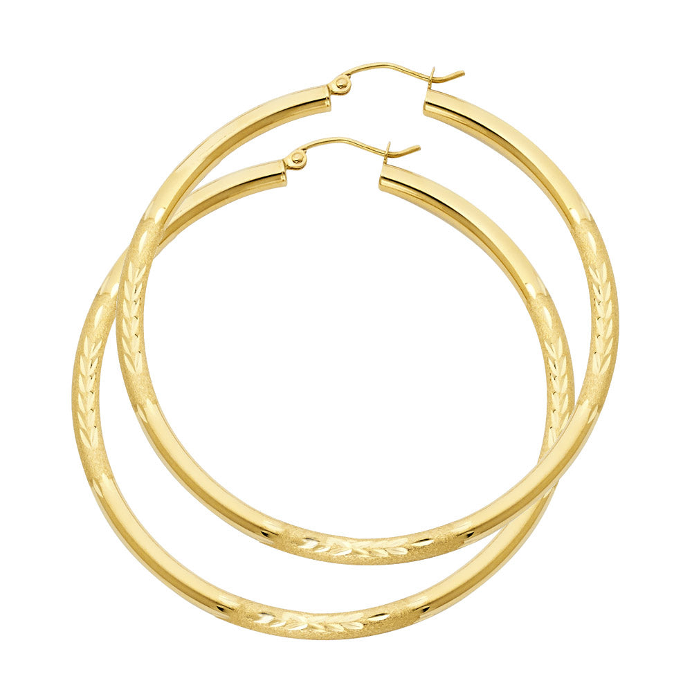 14K Yellow Gold Hollow Satin-Finish / Diamond Cut Hoop Earrings 3.0mm Thick Aprox 2.2" in Diameter