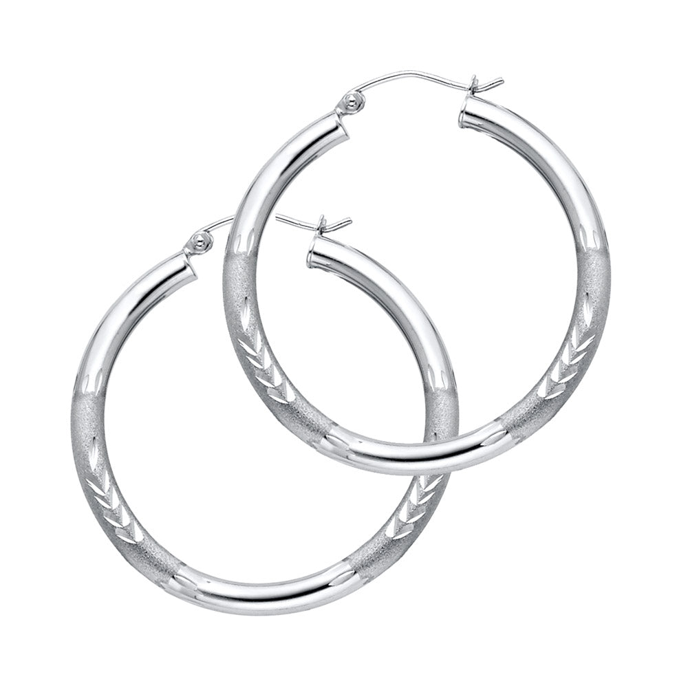 14K White Gold Hollow Satin-Finish / Diamond Cut Hoop Earrings 3.0mm Thick Aprox 1.2" in Diameter