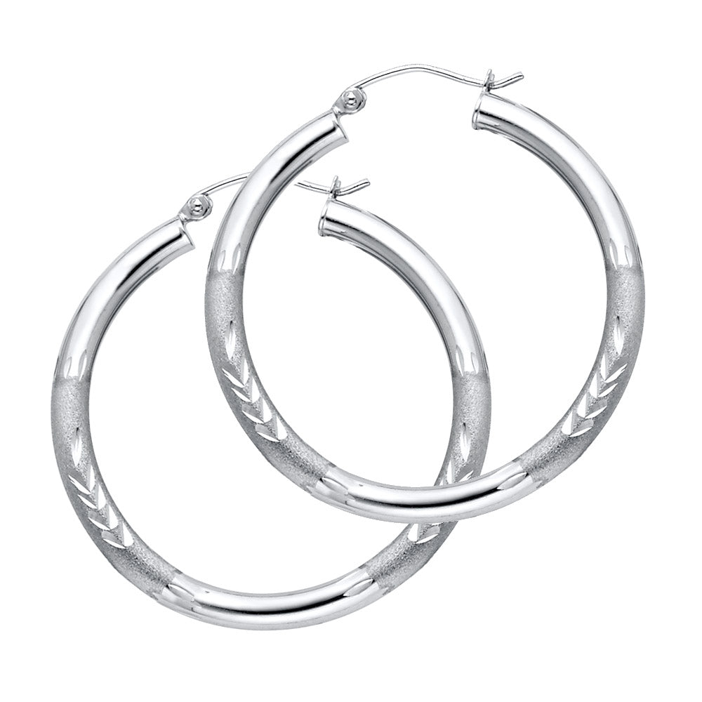 14K White Gold Hollow Satin-Finish / Diamond Cut Hoop Earrings 3.0mm Thick Aprox 1.4" in Diameter