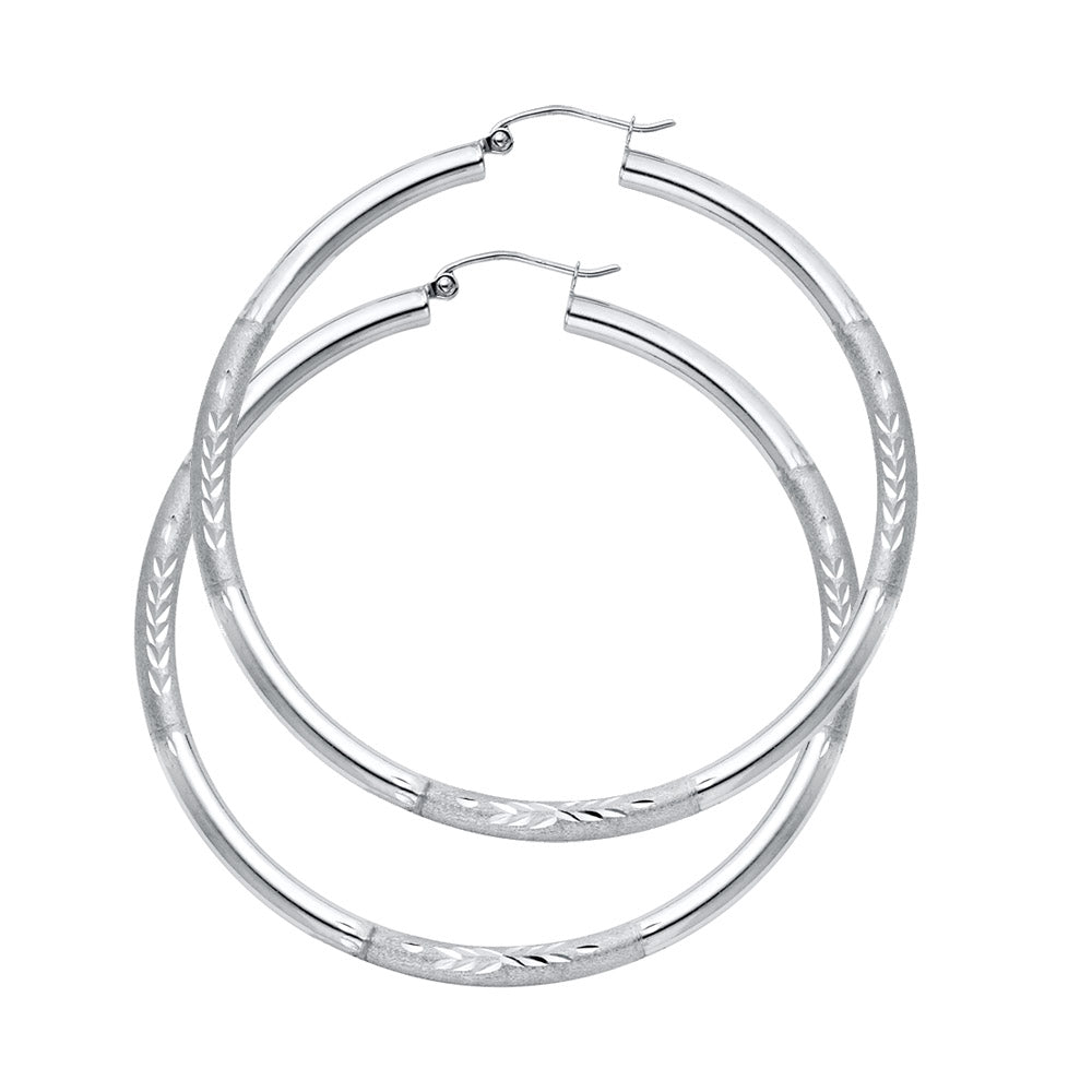 14K White Gold Hollow Satin-Finish / Diamond Cut Hoop Earrings 3.0mm Thick Aprox 1.8" in Diameter