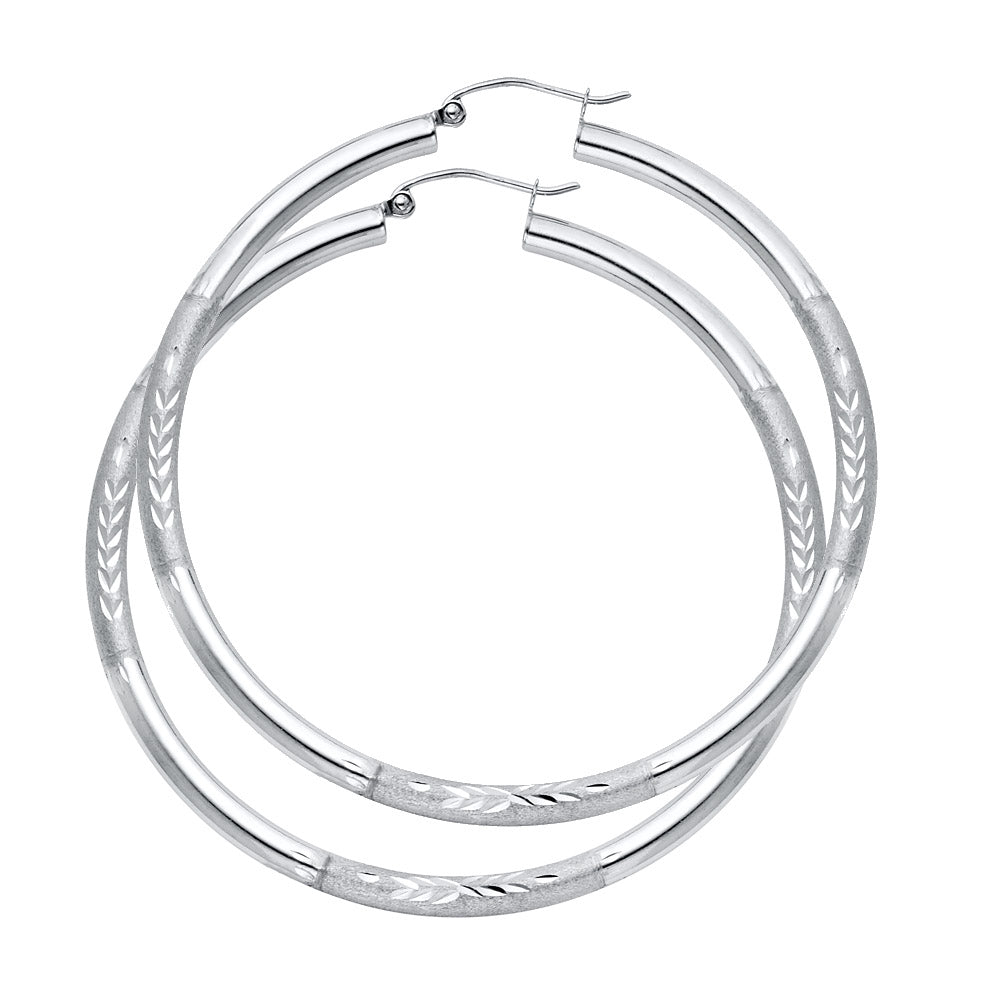 14K White Gold Hollow Satin-Finish / Diamond Cut Hoop Earrings 3.0mm Thick Aprox 2.2" in Diameter