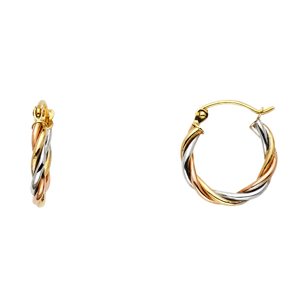 14K Tri-Color Gold High-Polished Twisted Hoop Earrings aprox 1/2" in diaameter