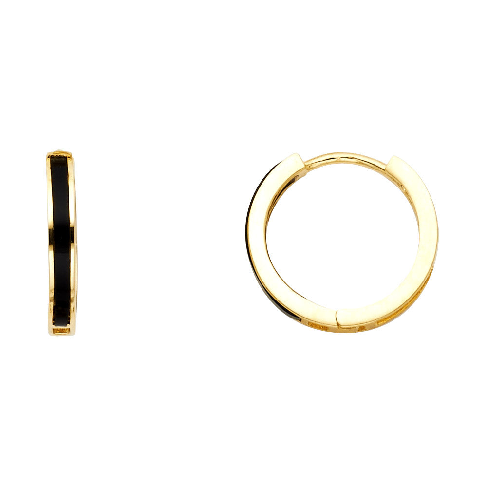 14K Yellow Gold Black Enamel Hoop Earrings