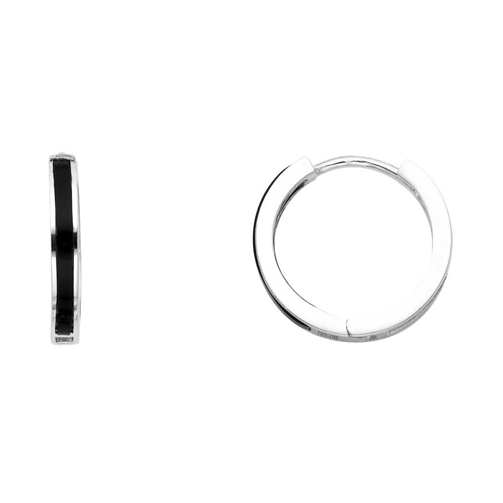 14K White Gold Black Enamel Hoop Earrings