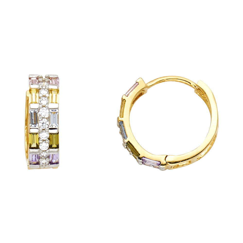 14K Yellow Gold Multicolor Baguette and Round CZ Huggie Earrings