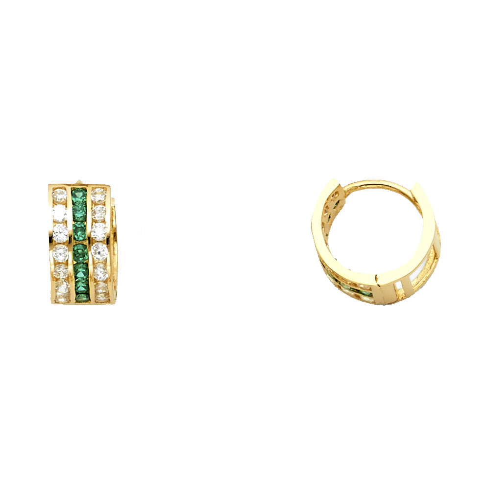 14K Yellow Gold 3-Line Green and White CZ Hoop Earrings aprox 1/2" diameter