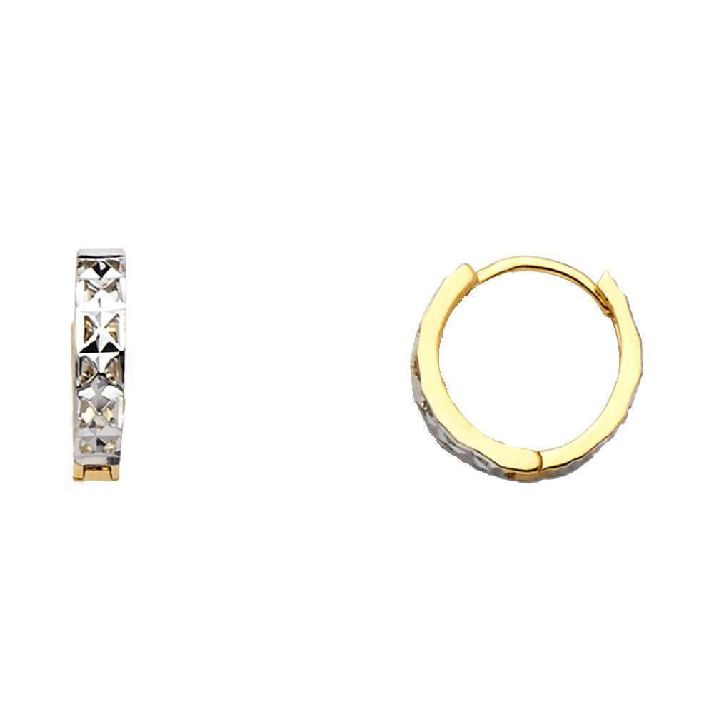 14K Two-Tone Gold Diamond-Cut Pattern Hoop Earrings aprox 1/2" in diameter
