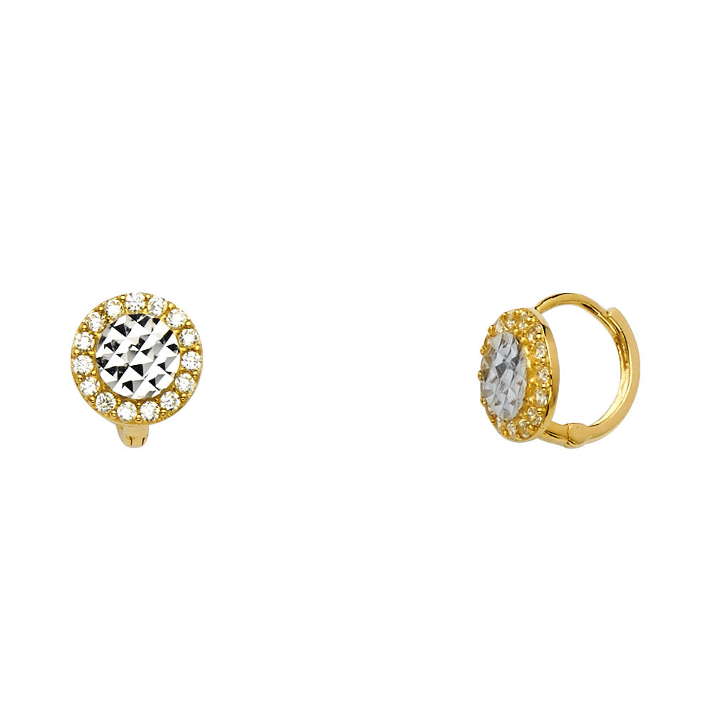 14K Two-Tone Gold CZ Children’s Round Diamond-Cut Halo Earrings