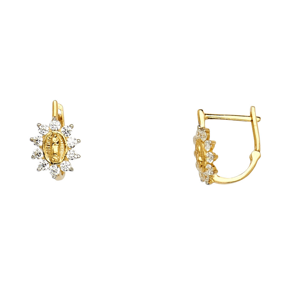 14K Two-Tone Gold Guadalupe Medallion CZ Huggie Earrings