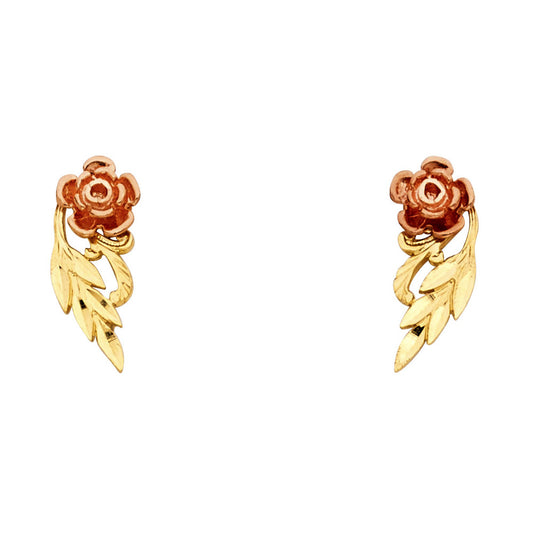14K Solid Yellow & Rose Gold Flower Diamond-Cut Studs