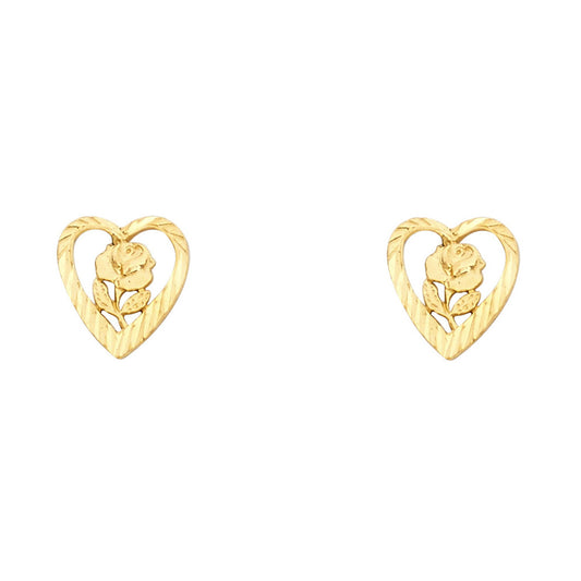 14K Yellow Gold Heart And Rose Studs