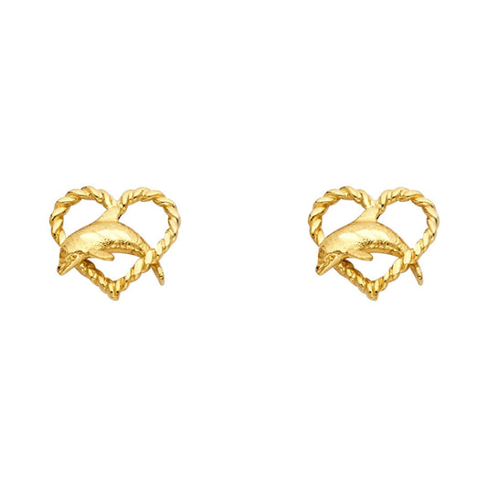 14K Yellow Gold Dolphin Heart Studs