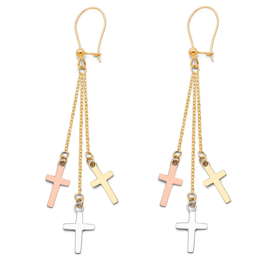 14K Tri-Color Gold Triple Cross Dangle Earrings