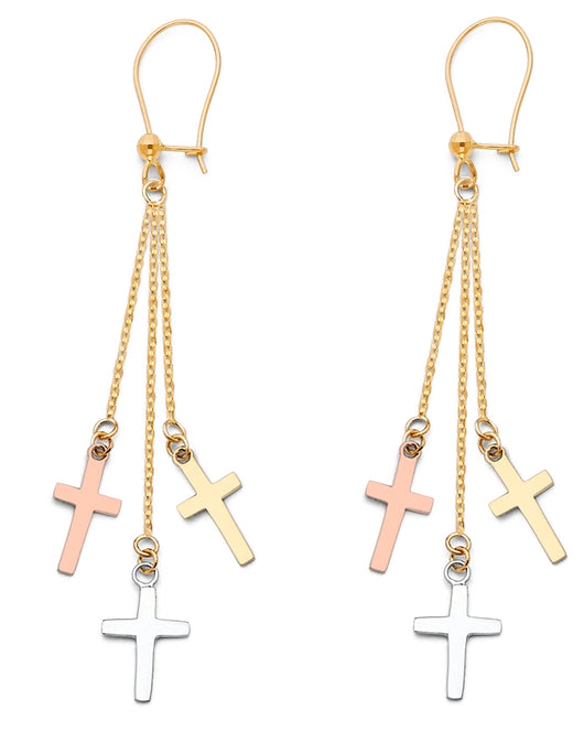 14K Tri-Color Gold Triple Cross Dangle Earrings