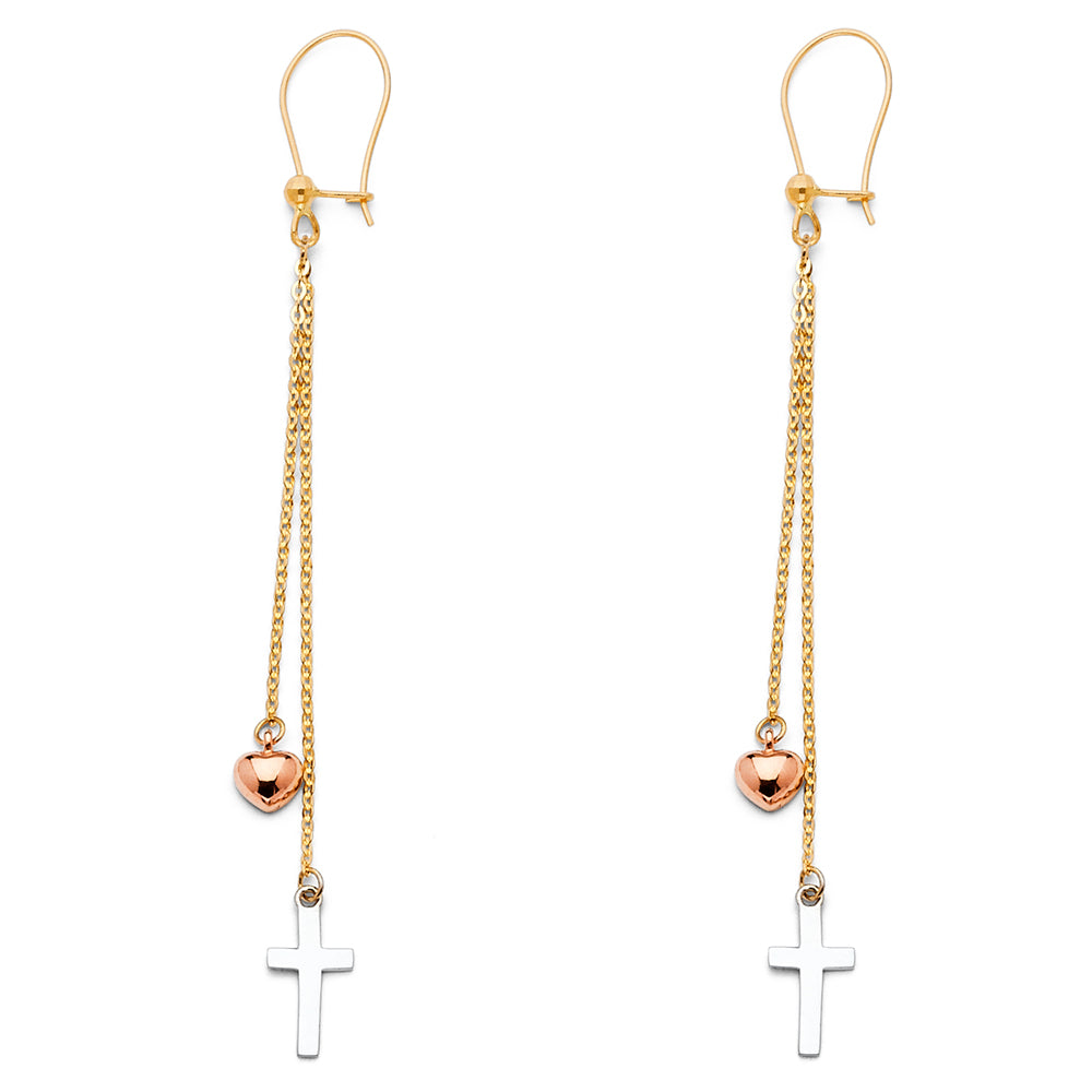 14K Tri-Color Gold Heart and Cross Dangle Earrings