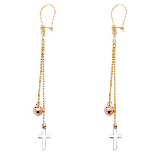 14K Tri-Color Gold Heart and Cross Dangle Earrings