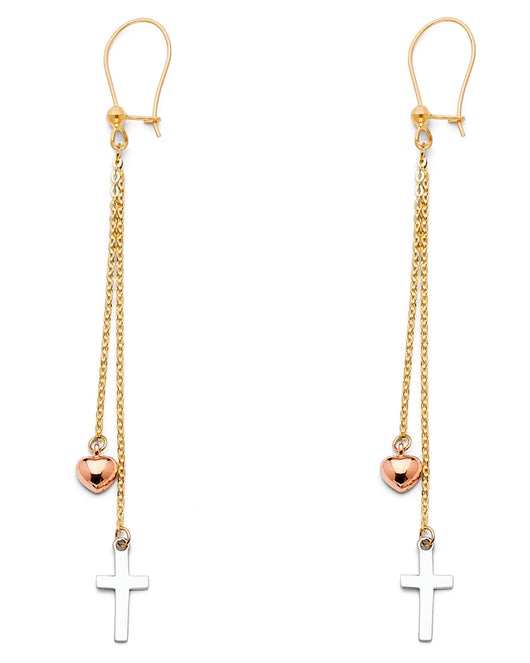 14K Tri-Color Gold Heart and Cross Dangle Earrings