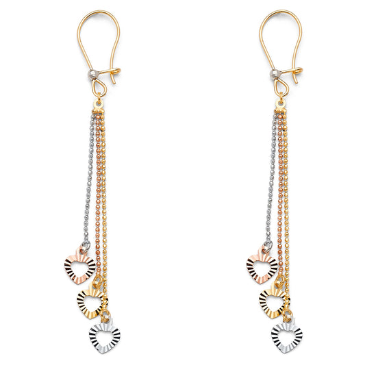 14K Tri-Color Gold Triple Heart Dangle Earrings