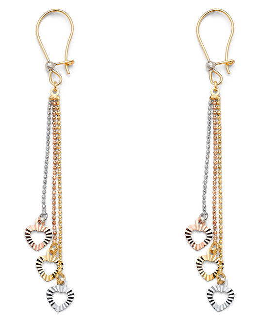 14K Tri-Color Gold Triple Heart Dangle Earrings