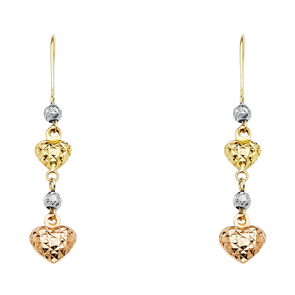 14K Tri-Color Gold Heart Dangle Earrings