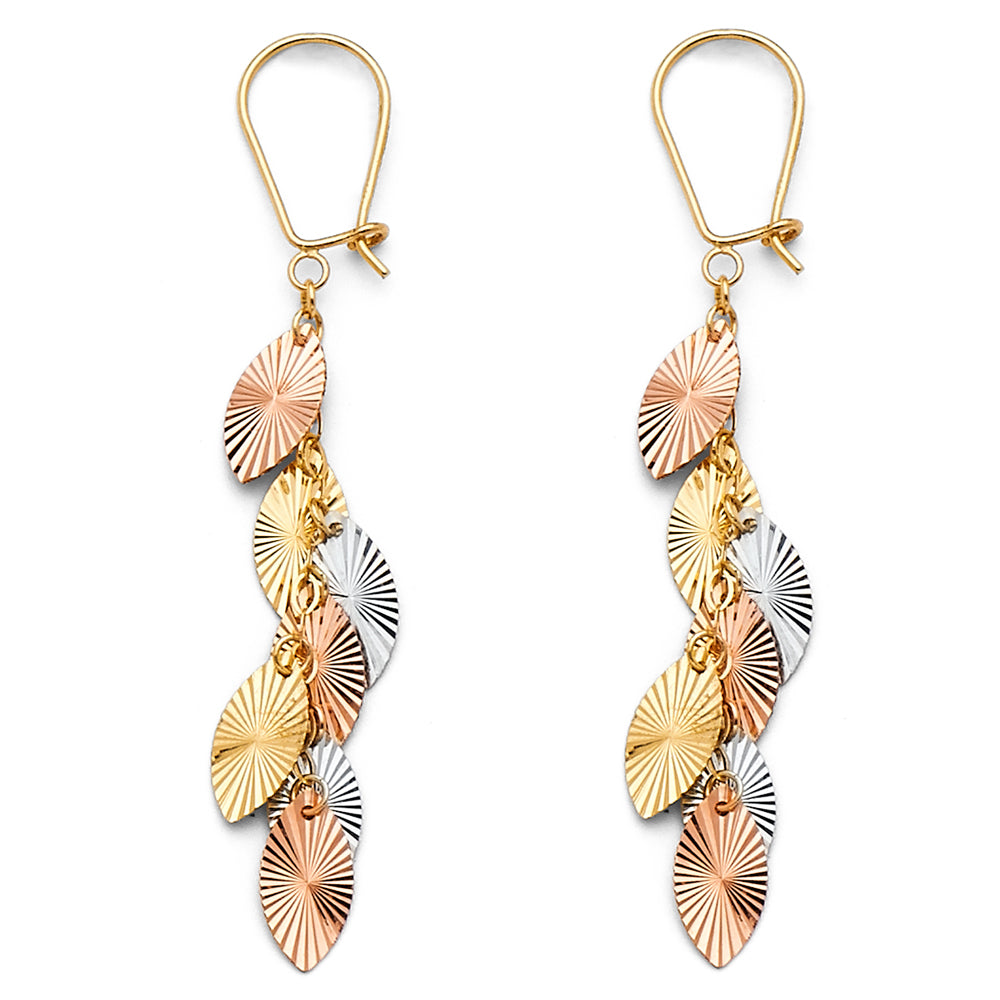 14K Tri-Color Gold Multi-Leaf Dangle Earrings