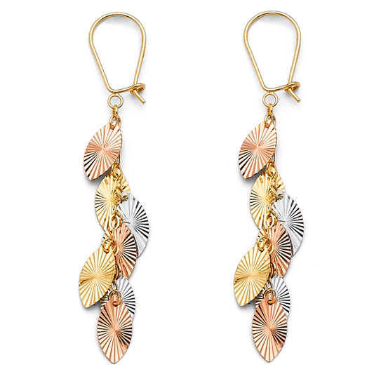 14K Tri-Color Gold Multi-Leaf Dangle Earrings