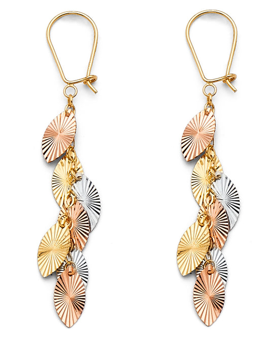 14K Tri-Color Gold Multi-Leaf Dangle Earrings
