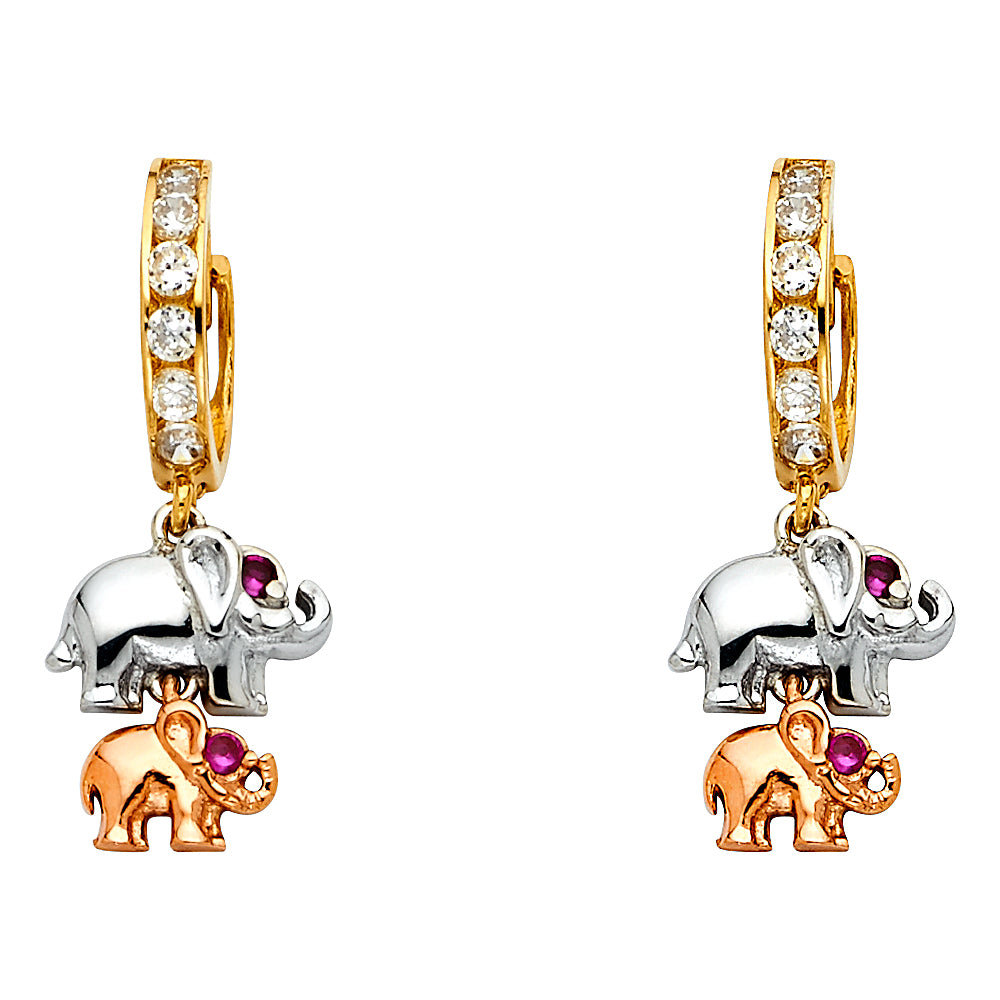 14K Two-Tone Gold Double Elephant CZ Dangle Earrings 1 1/4" tall