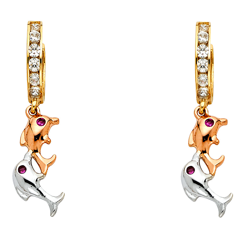 14K Two-Tone Gold Double Dolphin CZ Dangle Earrings 1 1/2" tall