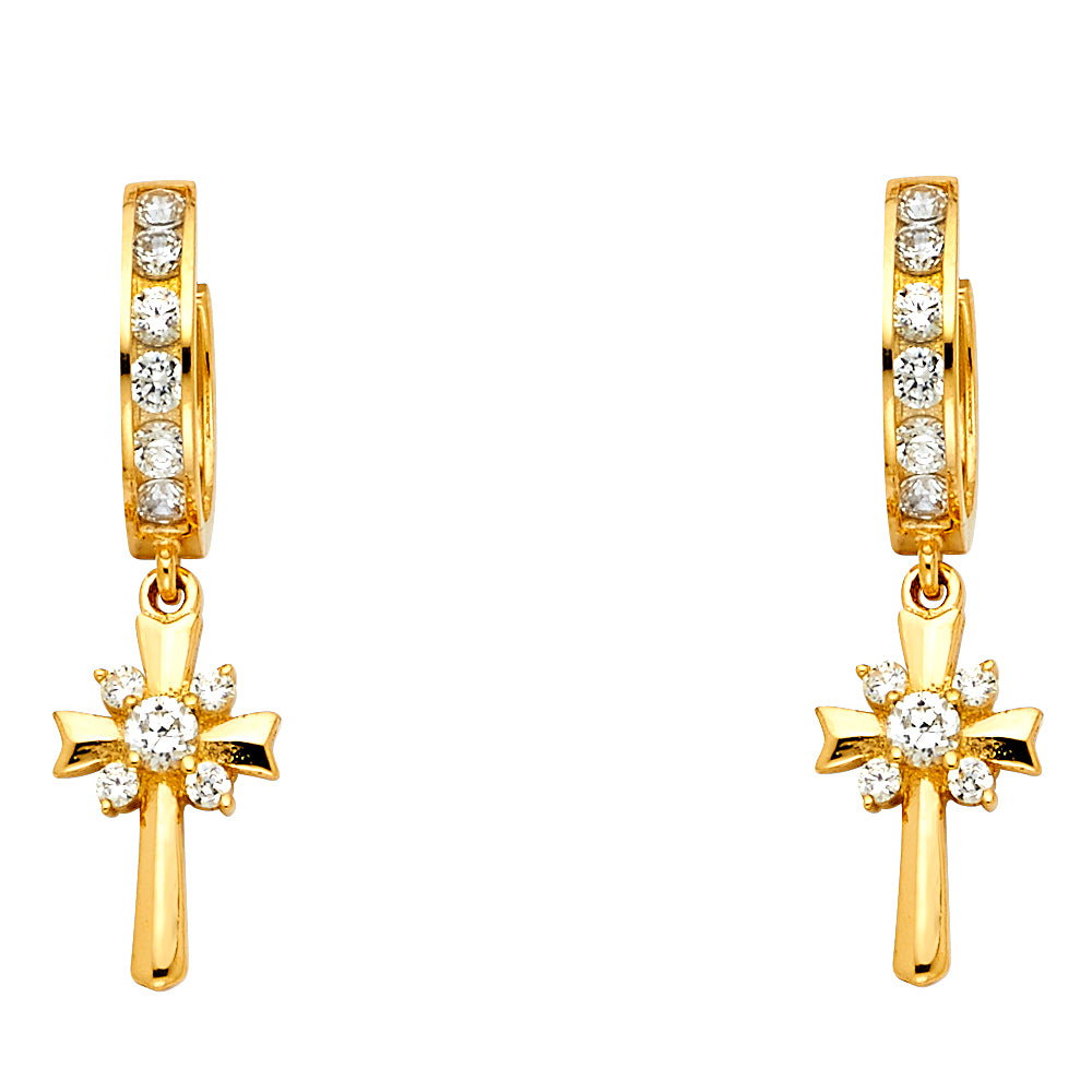 14K Yellow Gold CZ Cross Dangle Earrings 1 1/4" tall